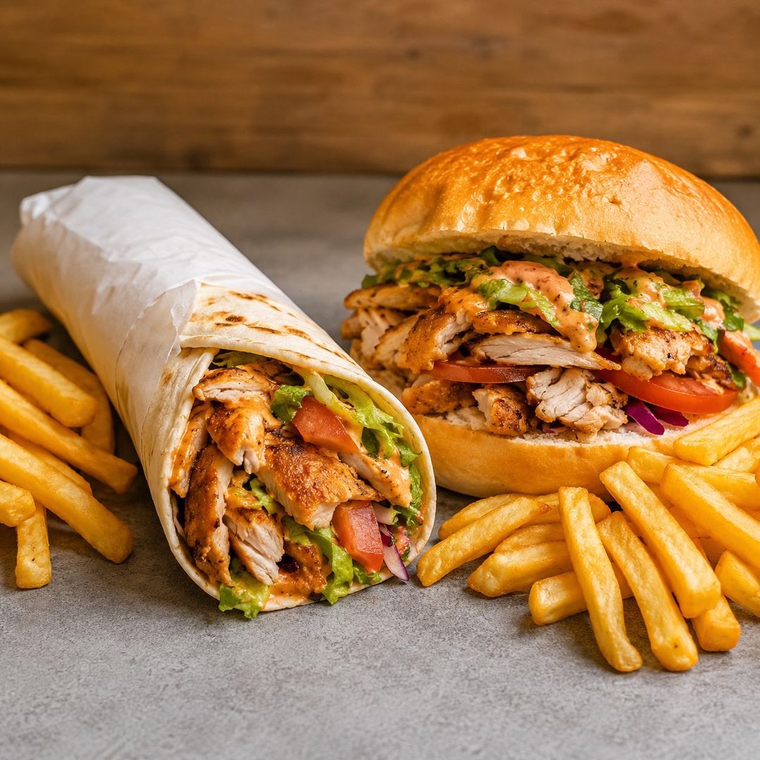 Dürüm ve somun arası tavuk döner, patates ile