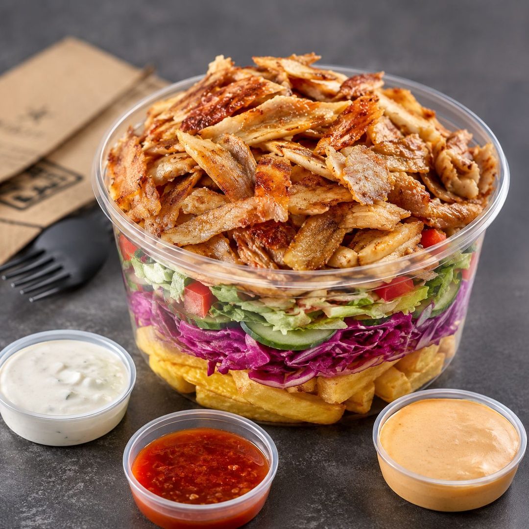 Kasede soslu tavuk döner, patates ve salata